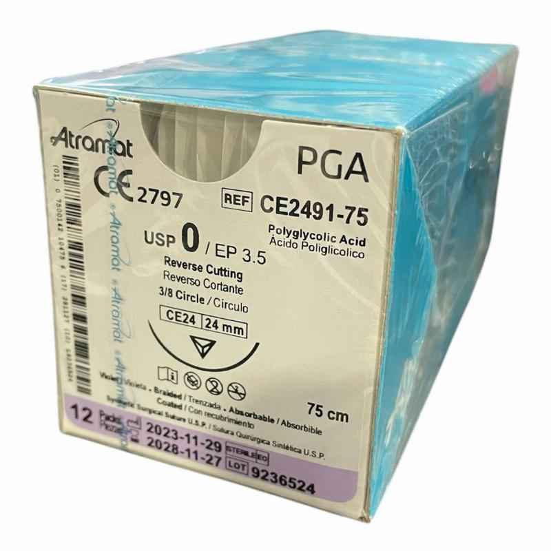 Полігліколід (PGA) плетений фіолетовий, розсмоктується USP 0 (EP3,5) зі зворотн.-ріж. голкою 24мм, 3/8 кола, довж. нитки 75см